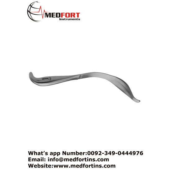 Aufranc Cobra Retractor Smooth Pointed Tip Hollow handle. Maximum blade width 1-1/4in (3.2cm).Overall length 10in (25.4cm). 